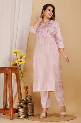 Girbana Women Pink Viscose Rayon Round Neck Kurta Pant Set 1