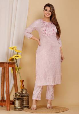 Girbana Women Pink Viscose Rayon Round Neck Kurta Pant Set 2