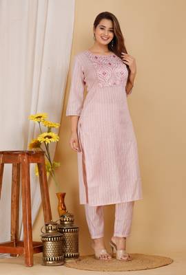 Girbana Women Pink Viscose Rayon Round Neck Kurta Pant Set 3