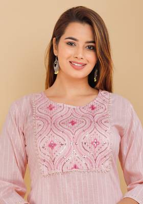 Girbana Women Pink Viscose Rayon Round Neck Kurta Pant Set 5