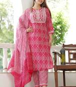 Girbana Women Pink Pure Cotton Round Neck Kurta Pant and Dupatta Set