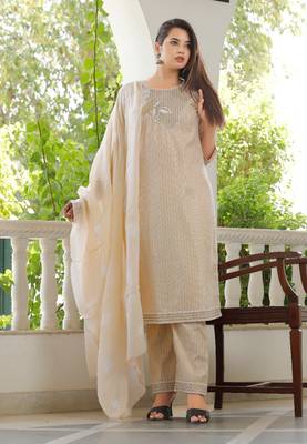 Girbana Women Peach Viscose Rayon Round Neck Kurta Pant and Dupatta Set 1