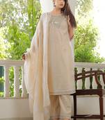 Girbana Women Peach Viscose Rayon Round Neck Kurta Pant and Dupatta Set