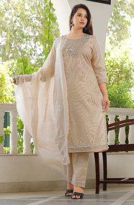 Girbana Women Peach Viscose Rayon Round Neck Kurta Pant and Dupatta Set 2