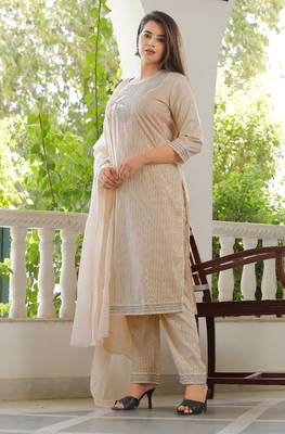 Girbana Women Peach Viscose Rayon Round Neck Kurta Pant and Dupatta Set 5