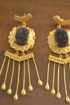 Druzzy Semi Precious Stone Dangling Long Wedding party High Gloss Gold Plated studs