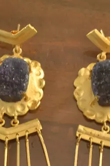 Druzzy Semi Precious Stone Dangling Long Wedding party High Gloss Gold Plated studs
