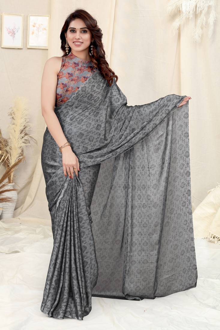 Grey printed chiffon saree with blouse