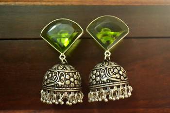 Green onyx Silver Oxidized Silver Plated Beautifully Detailed Carved Jhumkas Earring 1