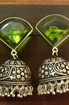 Green onyx Silver Oxidized Silver Plated Beautifully Detailed Carved Jhumkas Earring