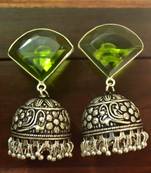 Green onyx Silver Oxidized Silver Plated Beautifully Detailed Carved Jhumkas Earring