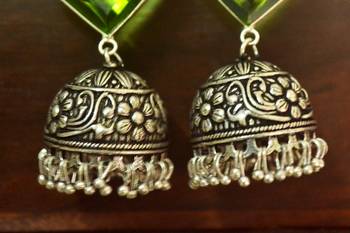 Green onyx Silver Oxidized Silver Plated Beautifully Detailed Carved Jhumkas Earring 2