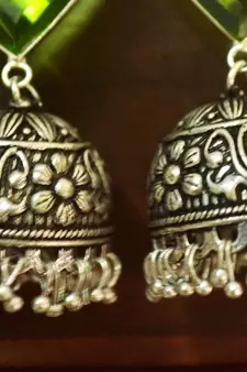 Green onyx Silver Oxidized Silver Plated Beautifully Detailed Carved Jhumkas Earring