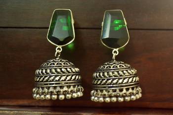 Green onyx Silver Oxidized Silver Plated Beautifully Detailed Carved Jhumkas Earring 1