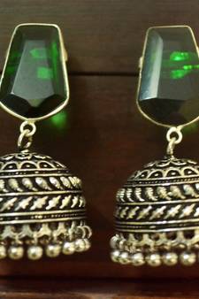 Green onyx Silver Oxidized Silver Plated Beautifully Detailed Carved Jhumkas Earring