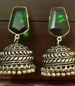 Green onyx Silver Oxidized Silver Plated Beautifully Detailed Carved Jhumkas Earring