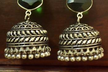 Green onyx Silver Oxidized Silver Plated Beautifully Detailed Carved Jhumkas Earring 2