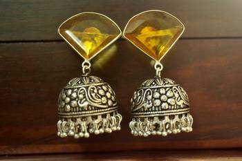 Yellow onyx Silver Oxidized Silver Plated Beautifully Detailed Carved Jhumkas Earring 1