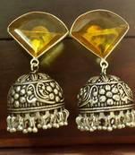 Yellow onyx Silver Oxidized Silver Plated Beautifully Detailed Carved Jhumkas Earring