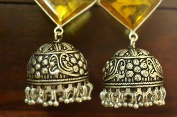 Yellow onyx Silver Oxidized Silver Plated Beautifully Detailed Carved Jhumkas Earring 2
