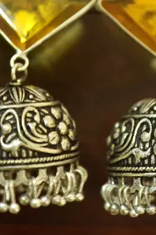 Yellow onyx Silver Oxidized Silver Plated Beautifully Detailed Carved Jhumkas Earring