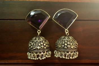 Purple onyx Silver Oxidized Silver Plated Beautifully Detailed Carved Jhumkas Earring 1