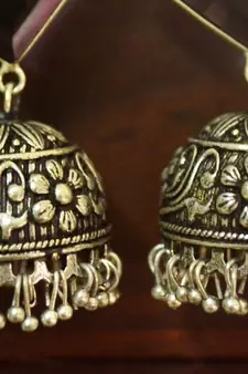 Purple onyx Silver Oxidized Silver Plated Beautifully Detailed Carved Jhumkas Earring