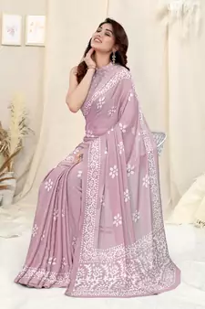 Pink Printed Chiffon Saree With Blouse