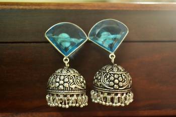 Turquoise onyx Silver Oxidized Silver Plated Beautifully Detailed Carved Jhumkas Earring 1