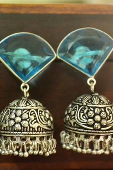 Turquoise onyx Silver Oxidized Silver Plated Beautifully Detailed Carved Jhumkas Earring