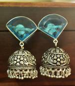 Turquoise onyx Silver Oxidized Silver Plated Beautifully Detailed Carved Jhumkas Earring