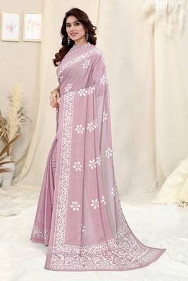Pink Printed Chiffon Saree With Blouse 4