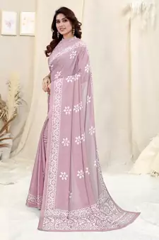 Pink Printed Chiffon Saree With Blouse
