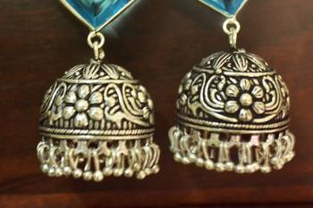 Turquoise onyx Silver Oxidized Silver Plated Beautifully Detailed Carved Jhumkas Earring 2