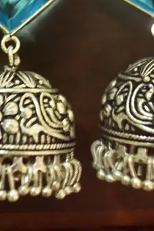 Turquoise onyx Silver Oxidized Silver Plated Beautifully Detailed Carved Jhumkas Earring