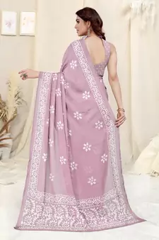 Pink Printed Chiffon Saree With Blouse