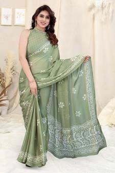 Green Printed Chiffon Saree With Blouse