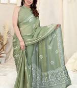 Green Printed Chiffon Saree With Blouse