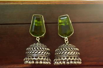 Green onyx Silver Oxidized Silver Plated Beautifully Detailed Carved Jhumkas Earring 1