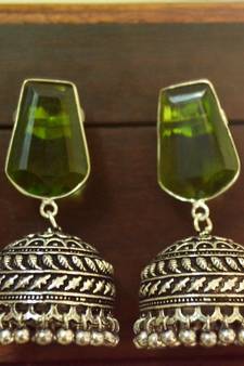 Green onyx Silver Oxidized Silver Plated Beautifully Detailed Carved Jhumkas Earring