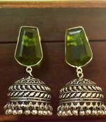 Green onyx Silver Oxidized Silver Plated Beautifully Detailed Carved Jhumkas Earring