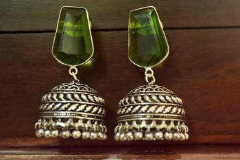 Green onyx Silver Oxidized Silver Plated Beautifully Detailed Carved Jhumkas Earring 2