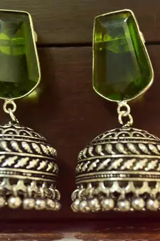 Green onyx Silver Oxidized Silver Plated Beautifully Detailed Carved Jhumkas Earring