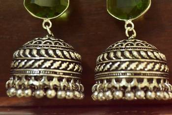 Green onyx Silver Oxidized Silver Plated Beautifully Detailed Carved Jhumkas Earring 3