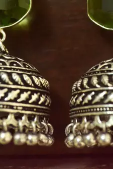 Green onyx Silver Oxidized Silver Plated Beautifully Detailed Carved Jhumkas Earring
