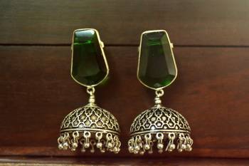 Green onyx Silver Oxidized Silver Plated Beautifully Detailed Carved Jhumkas Earring 1