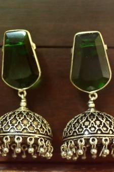 Green onyx Silver Oxidized Silver Plated Beautifully Detailed Carved Jhumkas Earring