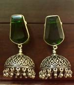 Green onyx Silver Oxidized Silver Plated Beautifully Detailed Carved Jhumkas Earring