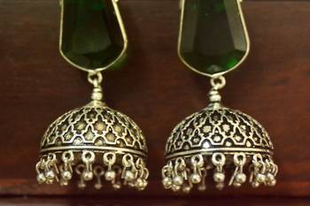 Green onyx Silver Oxidized Silver Plated Beautifully Detailed Carved Jhumkas Earring 2