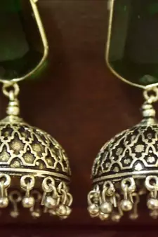 Green onyx Silver Oxidized Silver Plated Beautifully Detailed Carved Jhumkas Earring